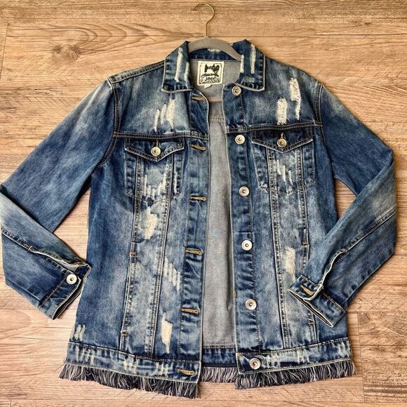 Jaase Womens Blue Embellished Distressed Fringe Boho Denim Jacket Size XS - Picture 2 of 7